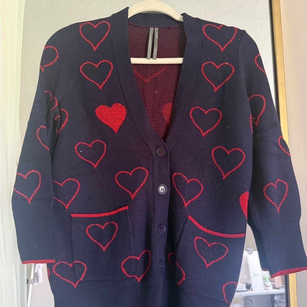Anthropologie Navy Cardigan with Red Heart Accents